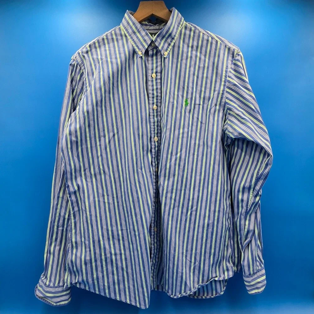 Polo Ralph Lauren Custom Fit Striped Button Down Shirt Men's L‎ Blue Green White
